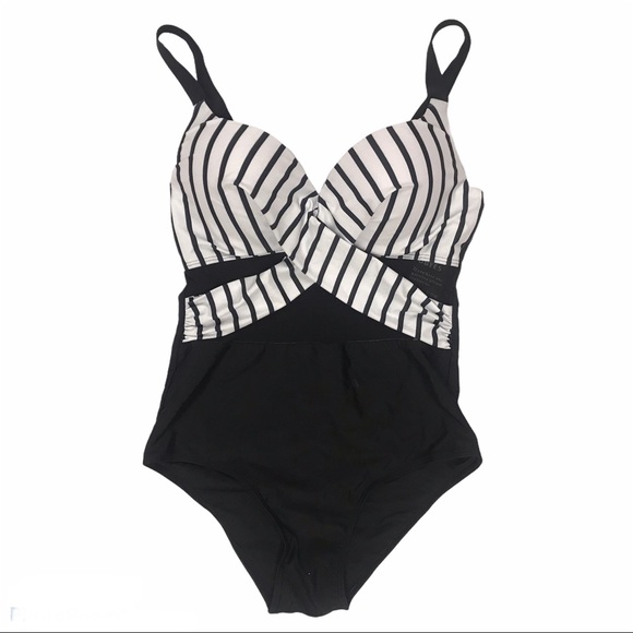 One-Piece Swimsuit Black White Striped - Picture 1 of 8